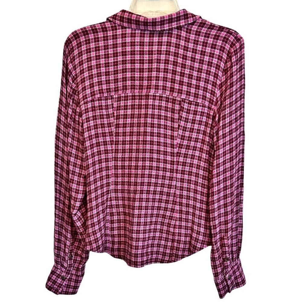 Pilcro Plaid Top Button Down Blouse M Burgundy Pink Ruched Shirt Grunge Flannel - Picture 3 of 8